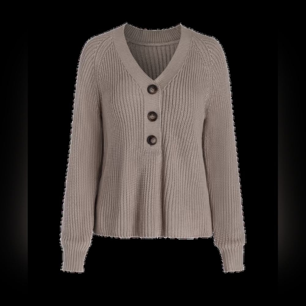 Cupshe Crochet Rib Half-Buttoned Sweater NWT in Tan Faux Tortoise Shell Buttons - Picture 6 of 8